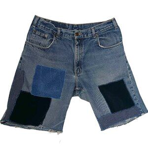 Jean Shorts Men 33 Patchwork Upcycled Jort Blue Denim Corduroy Distressed Hippie
